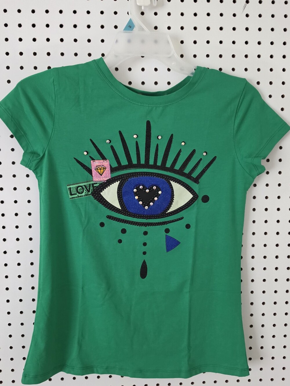 Evil Eye Rhinestone Graphic Tee Green Heart Studded Shirt NWT M